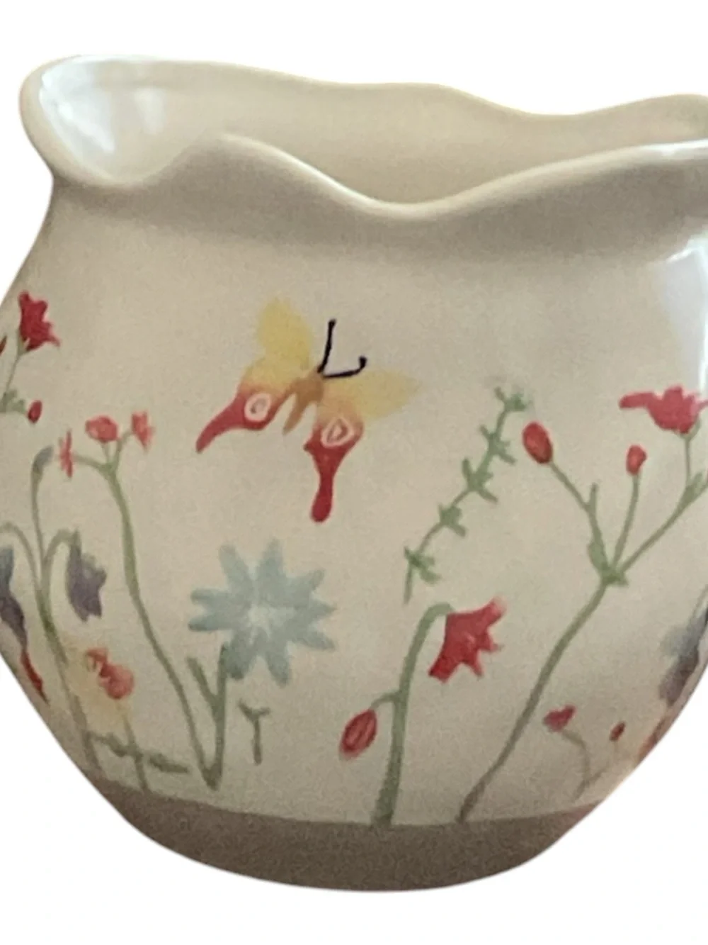 Floral Ceramic Planter with Butterfly Accent - Cream and Red